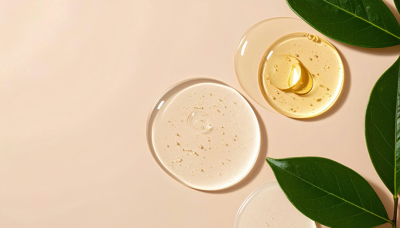 Swatches of clear and golden serum on a pale background with green leaves